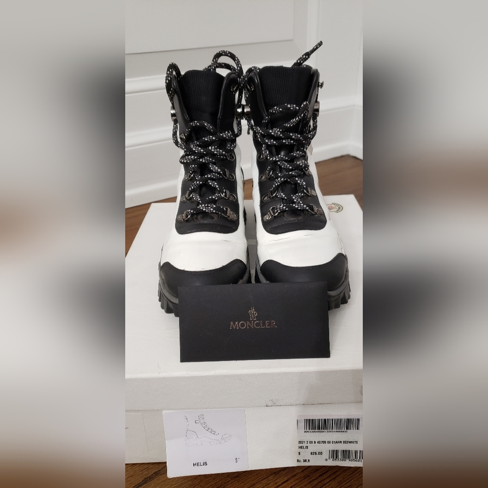 Moncler Helis White Black Leather Snow Hiking Boots Size 38.5 - Picture 3 of 15